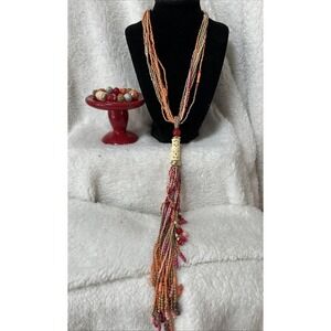 Chico's Y-Glass Beaded Multi Strand Boho Pink And Orange Necklace & Bracelet Set